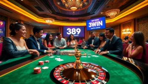 Experience the excitement of 389WIN in a luxurious casino scene with roulette and poker chips.