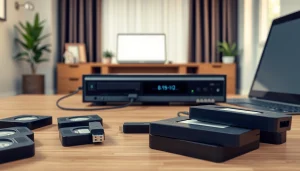 Process of converting vhs to usb demonstrated with vintage tapes and modern tech setup.