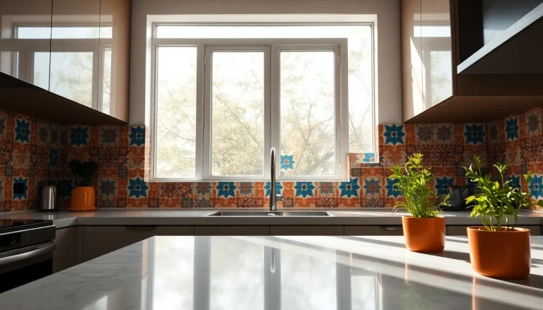 Dosseret en carreaux Zellige montrant des motifs complexes et des couleurs vibrantes dans une cuisine moderne.