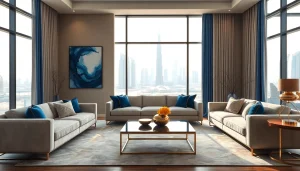 Showcasing a luxurious interior design dubai living room with modern aesthetics and skyline views.