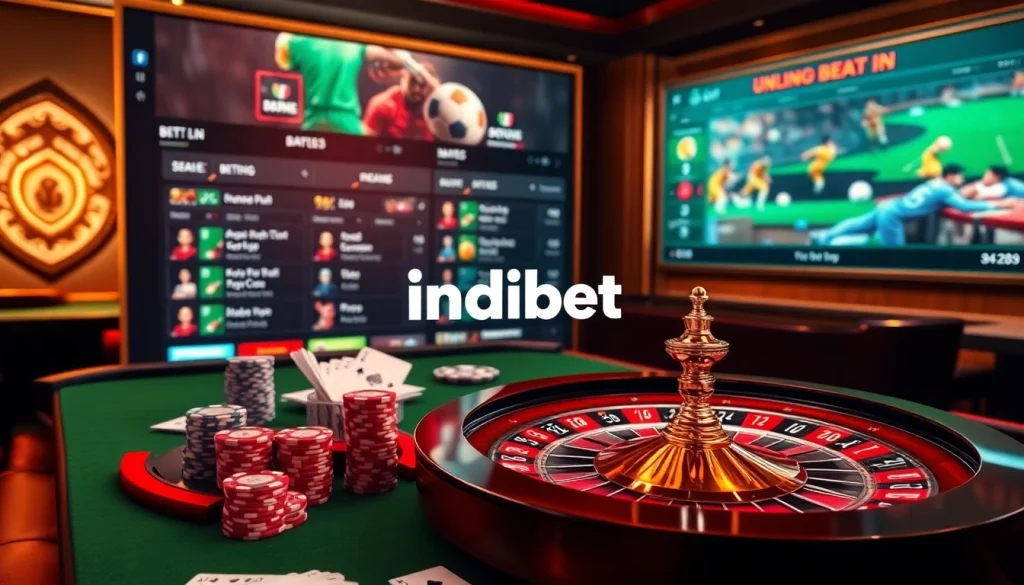 Exciting gambling scene with indibet in featuring a roulette wheel, poker chips, and live betting options.