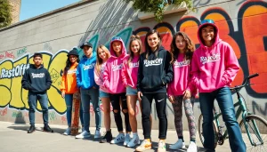 Street scene showcasing various young adults in stylish RageOff apparel against a graffiti backdrop.