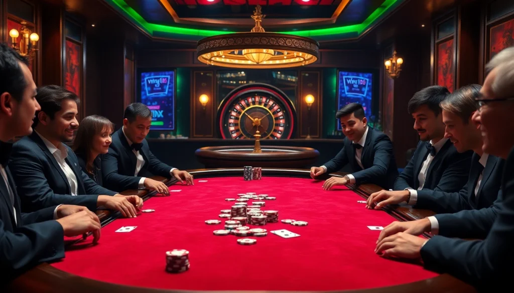 Experience the thrills of vn168 gaming, where players engage at a luxurious poker table amidst a vibrant casino atmosphere.