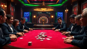Experience the thrills of vn168 gaming, where players engage at a luxurious poker table amidst a vibrant casino atmosphere.