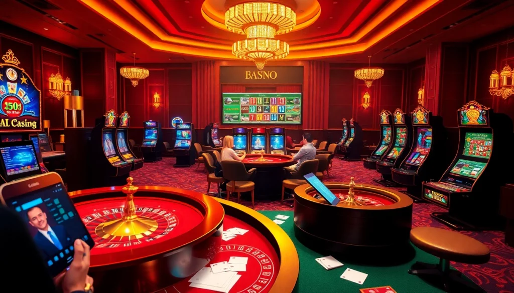 Engaging gambling action at https://uu88ae.com/ with casino tables and vibrant slot machines.