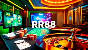 RR88 casino scene with vibrant poker chips and cards reflecting an exciting online gaming atmosphere.