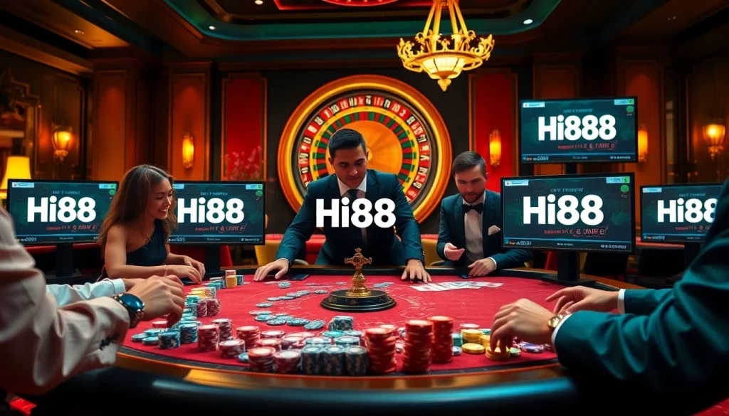 Players engaging in an exciting casino game at Hi88 with vibrant chips and cards.