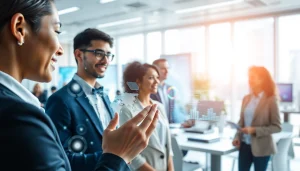 Engaging in a human interface with AI through technology in a futuristic workspace setting.