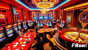 Gambling excitement at Nhà cái F8BET with vibrant slot machines and poker tables.