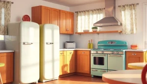 Showcasing vibrant retro appliances in a retro-styled kitchen setting with classic features.