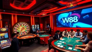 VM88 engaging casino atmosphere with players, slot machines, and poker chips.