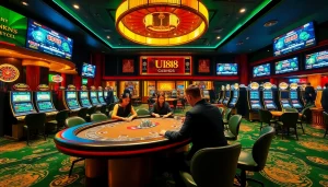 Experience the thrill of UU88 with a vibrant casino atmosphere featuring poker tables and roulette wheels.