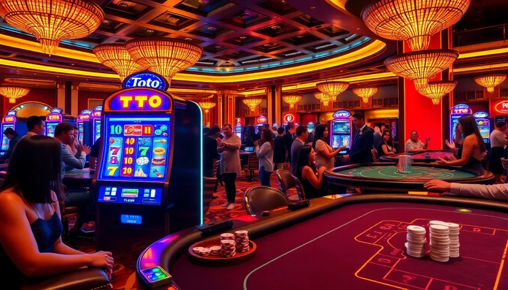Pemain menikmati mesin Toto Slot canggih di lingkungan kasino mewah.