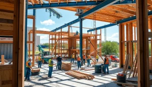 Workers collaborating on Austin construction site showcasing urban development.