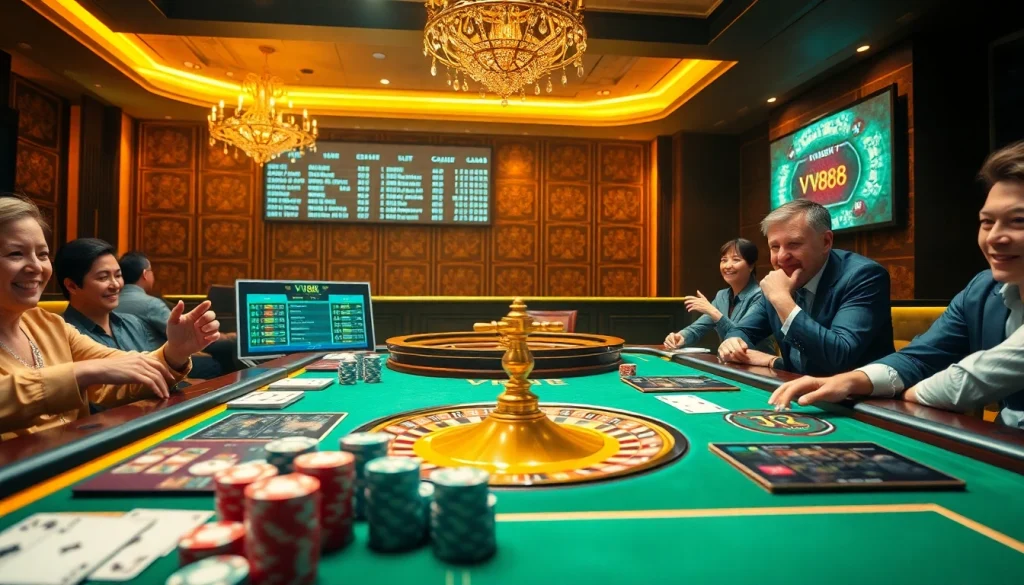 Players engaged in a thrilling poker game at VN88 casino, showcasing vibrant chips and cards.