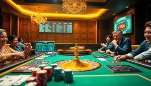 Players engaged in a thrilling poker game at VN88 casino, showcasing vibrant chips and cards.