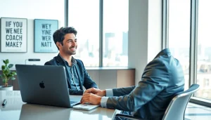 Business coach los Angeles engaging in a video call at a modern office desk, promoting a professional atmosphere.