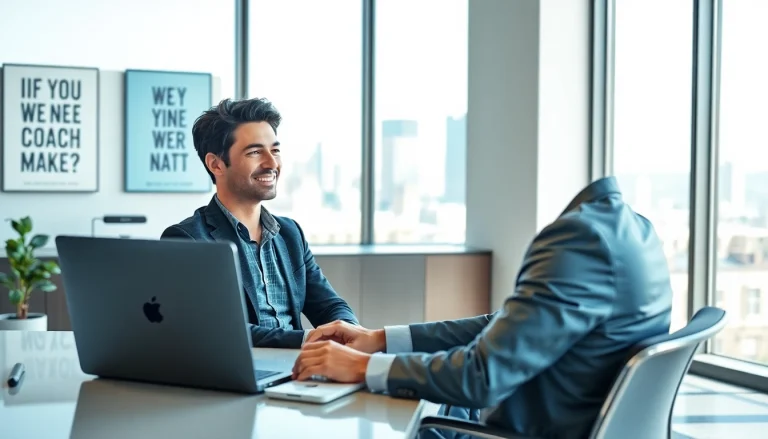Business coach los Angeles engaging in a video call at a modern office desk, promoting a professional atmosphere.