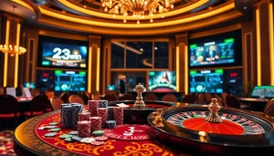 Experience the excitement of 23win with vibrant casino visuals featuring poker chips and a roulette wheel.