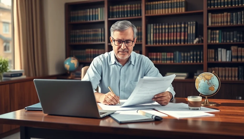 Cadre professionnel avec un traducteur certifié en portugais travaillant sur des documents juridiques.