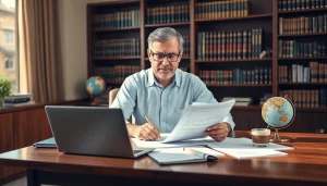 Cadre professionnel avec un traducteur certifié en portugais travaillant sur des documents juridiques.