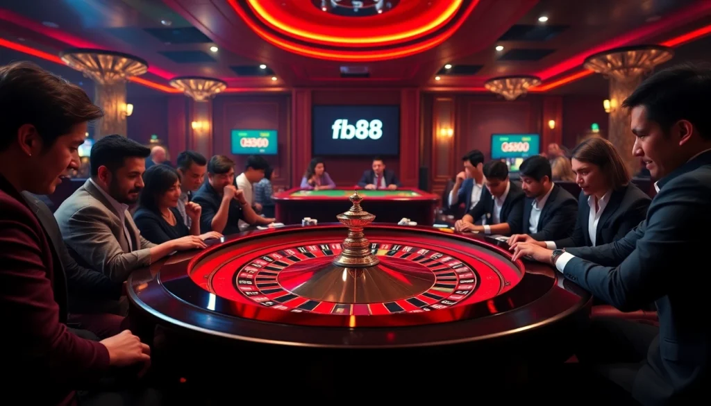 Players engaging in thrilling roulette action at the fb88 casino, chips and excitement abound.