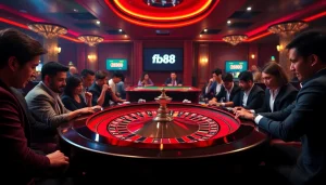 Players engaging in thrilling roulette action at the fb88 casino, chips and excitement abound.