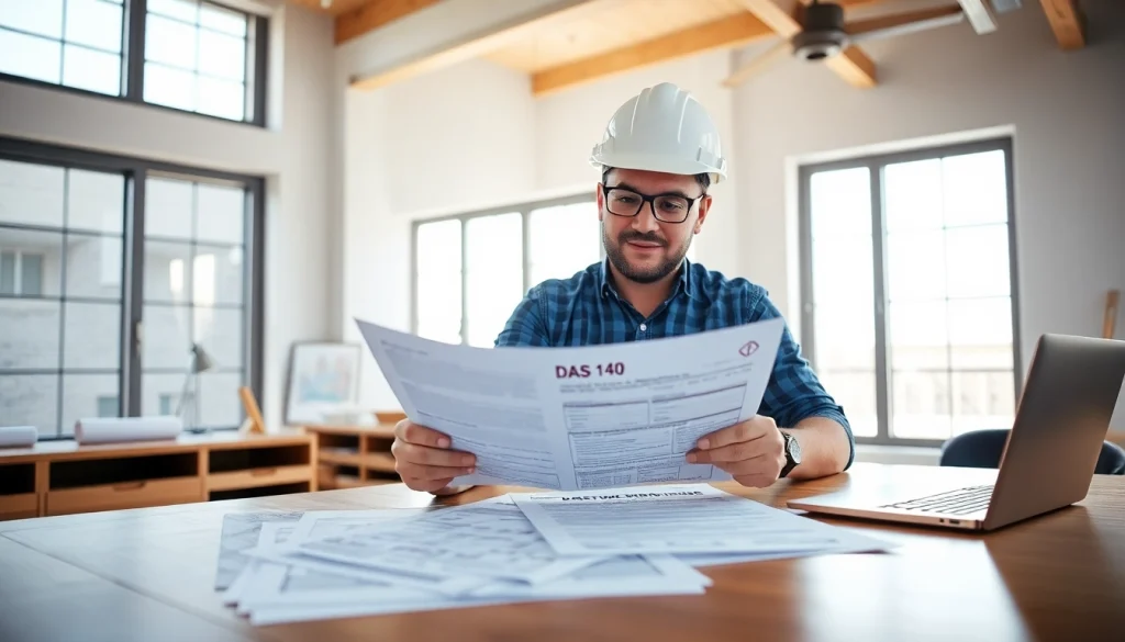 Contractor examining DAS 140 form on a desk with construction documents around