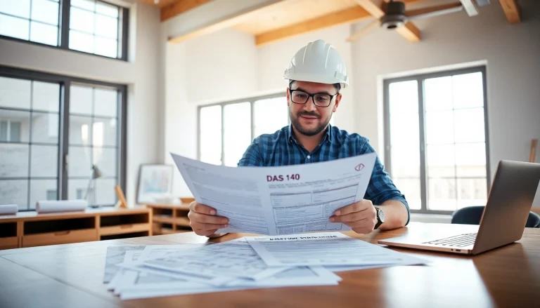 Contractor examining DAS 140 form on a desk with construction documents around