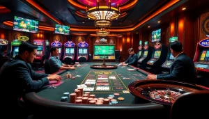 Exciting gambling scene showcasing Tha bet with poker chips, cards, and roulette wheels.