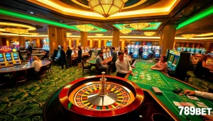 Players enjoy thrilling games at 789BET casino with roulette and poker tables.