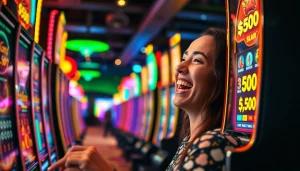 Slot bet 50 dalam permainan slot dengan pemain bersemangat yang merayakan kemenangan.