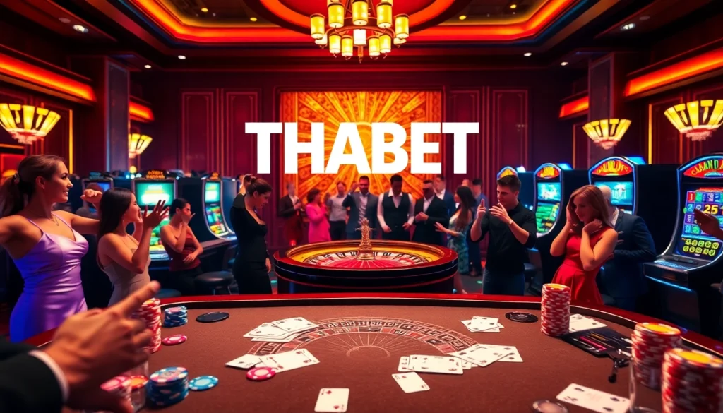 THABET's vibrant casino scene showcasing excited players at a roulette table amidst colorful slot machines.