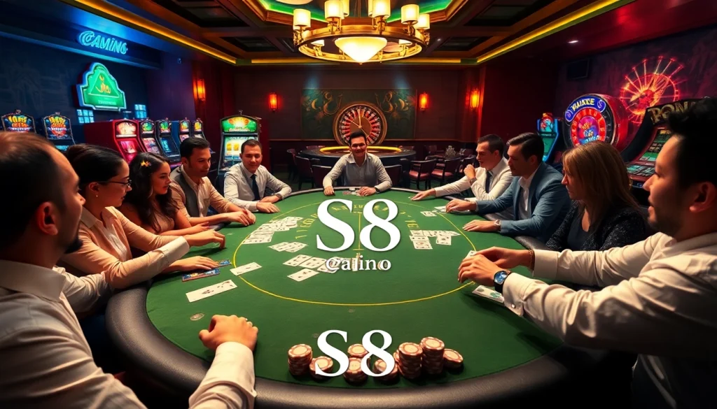 S8 casino scene with high-stakes poker gameplay, luxurious atmosphere, and professional dealers.