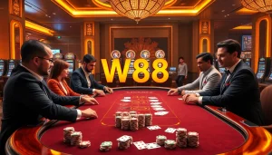 W88 players enjoying an exciting game at a luxurious casino table with vibrant poker chips and cards.