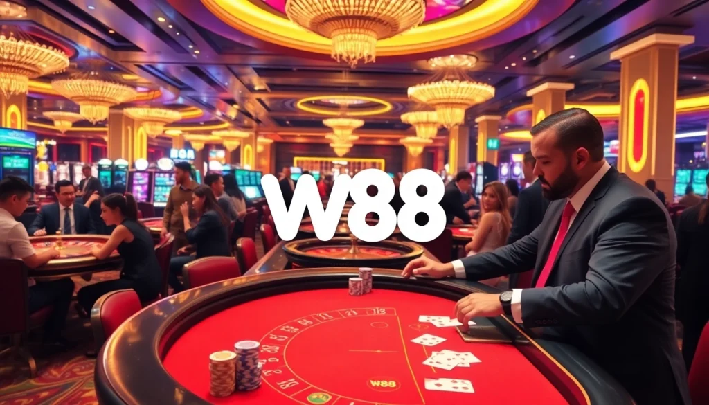 Người chơi tham gia các cược đầy kịch tính tại bàn casino W88 dưới ánh sáng rực rỡ.
