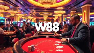 Người chơi tham gia các cược đầy kịch tính tại bàn casino W88 dưới ánh sáng rực rỡ.