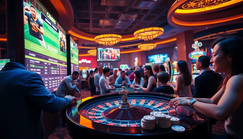 Bongdalu highlights a vibrant casino scene with excited players engaging in sports betting excitement.