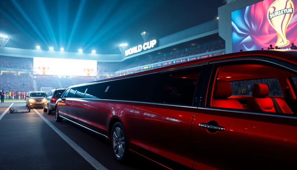 World Cup Group Transportation with luxurious limousines outside a vibrant stadium