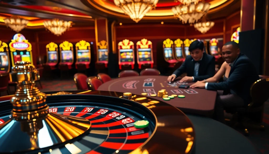 Players immersed in the thrill of gambling at XX88 casino tables with poker chips and roulette wheel.