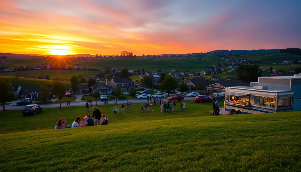 Clarksburg community park filled with families enjoying the sunset, showcasing vibrant local life.