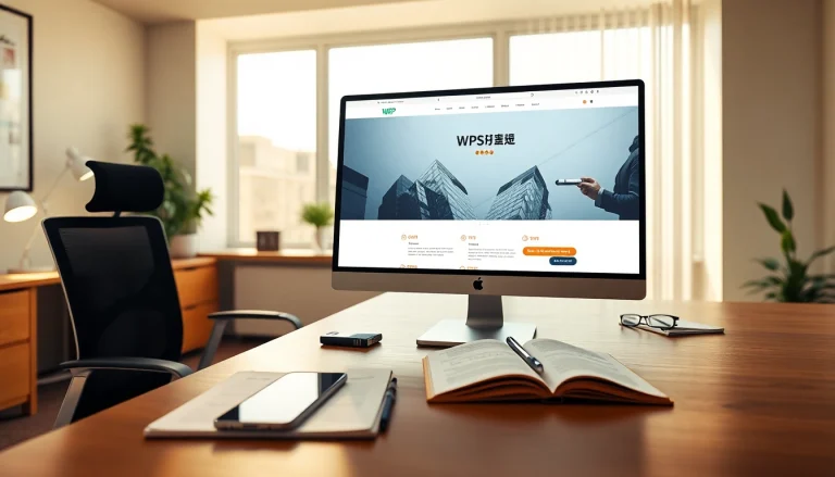 Modern office workspace featuring WPS官网 on a computer screen, promoting productivity and efficiency.