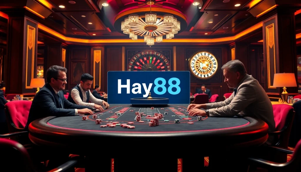 Engage in high-stakes gaming at Hay88's luxurious casino tables filled with vibrant chips and cards.