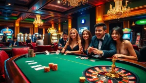 Dynamic gambling scene featuring 188bet poker table, vibrant roulette wheel, and engaging players.