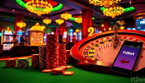 Exciting casino action featuring f12 bet logo with poker chips, roulette wheel, and slot machines.