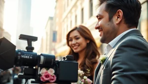 Videographer capturing a couple's candid moment during a live event in an urban setting.