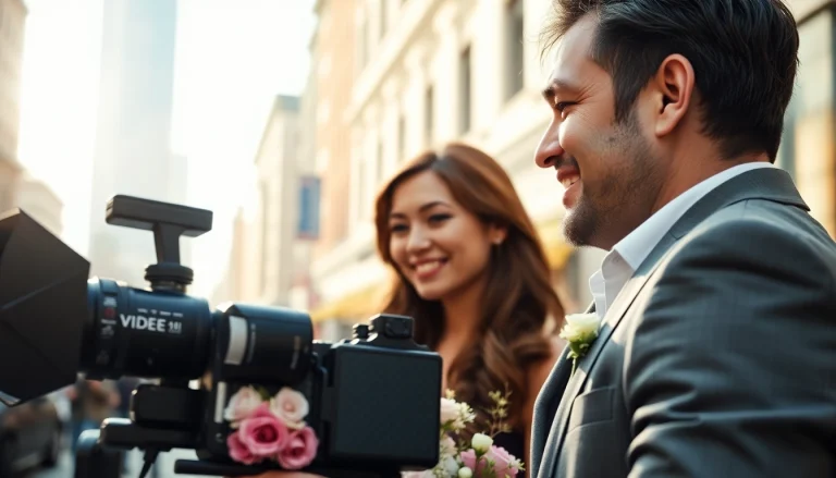Videographer capturing a couple's candid moment during a live event in an urban setting.