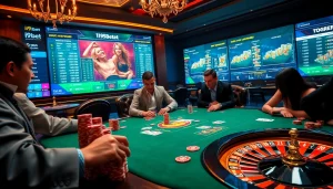 i9bet players engaged in a thrilling high-stakes poker game with vibrant chips and cards.