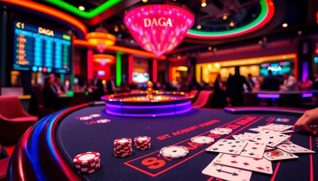 DAGA casino tables with shuffling cards and vibrant poker chips creating an exciting gambling atmosphere.