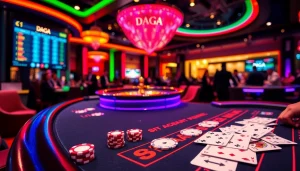 DAGA casino tables with shuffling cards and vibrant poker chips creating an exciting gambling atmosphere.